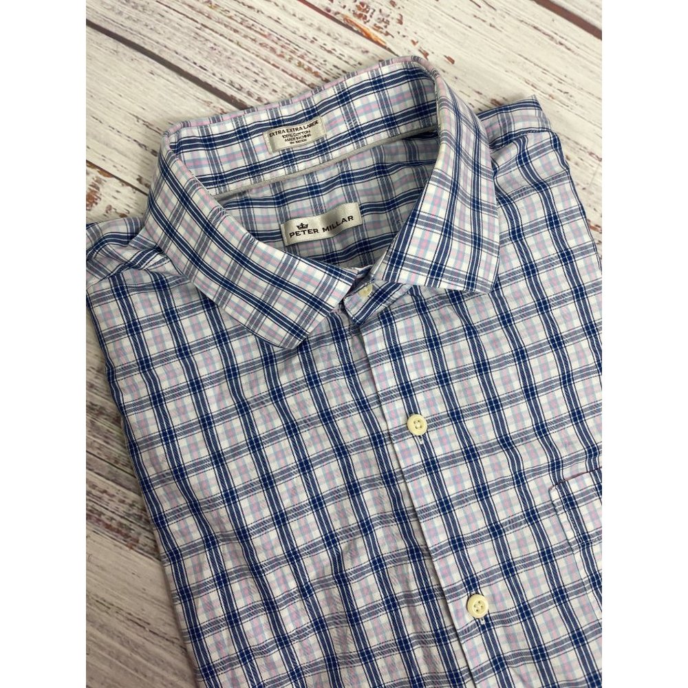Peter Millar Blue Pink White Plaid Cotton Short Sleeve Shirt sz XXL